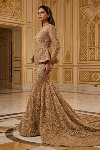 Buy_Amit GT_Gold Crepe, Tulle Plunge Neck Embroidered Peplum Top And Lehenga Set _Online_at_Aza_Fashions