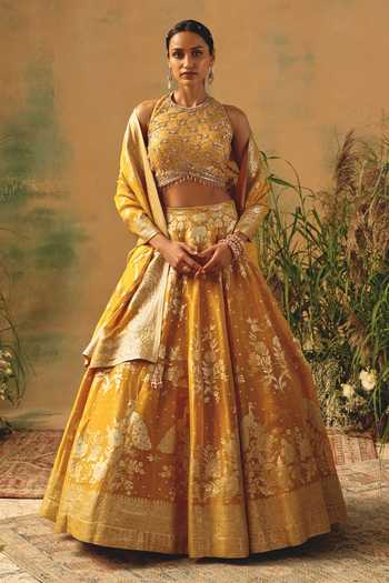 Shop_Basanti Kapde Aur Koffee_Yellow Brocade Sequins, Pearls, Embroidery, The Embers Of Marigold Lehenga Set _at_Aza_Fashions