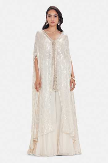 Shop_Basanti Kapde aur Koffee_Ivory Georgette Sequins V-neck Aurelian Tide Kaftan Sharara Set _at_Aza_Fashions