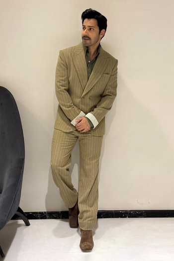 Shop_Philocaly_Olive Green Wool Kyle Double Breasted Striped Blazer And Trouser Set 