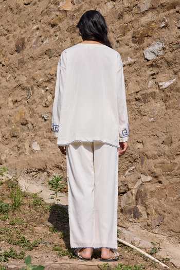 Shop_Ayaka_Off White Cotton V-neck Hand Embroidered Top With Pant _at_Aza_Fashions