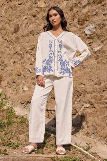 Buy_Ayaka_Off White Cotton V-neck Hand Embroidered Top With Pant _at_Aza_Fashions