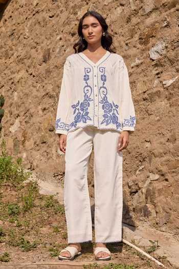 Shop_Ayaka_Off White Cotton V-neck Hand Embroidered Top With Pant _Online_at_Aza_Fashions
