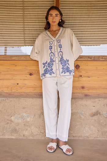 Shop_Ayaka_Off White Cotton V-neck Hand Embroidered Top With Pant 