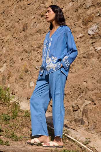 Ayaka_Blue Cotton V-neck Hand Embroidered Top And Pant Set _at_Aza_Fashions