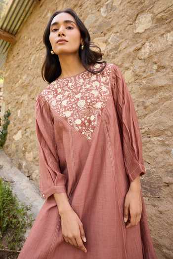 Ayaka_Brown Cotton, Chanderi Round Neck Hand Embroidered Panel Dress _Online_at_Aza_Fashions