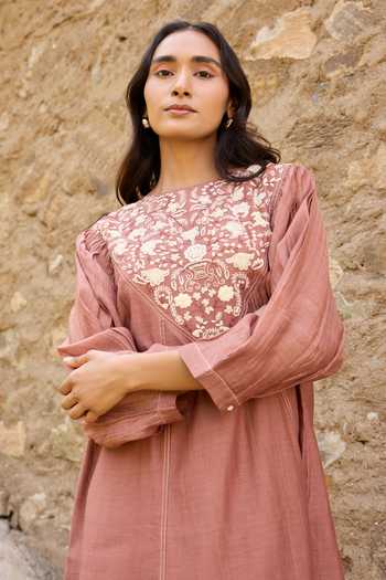 Buy_Ayaka_Brown Cotton, Chanderi Round Neck Hand Embroidered Panel Dress _Online_at_Aza_Fashions