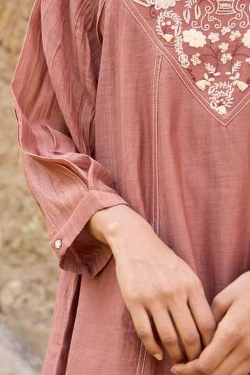 Shop_Ayaka_Brown Cotton, Chanderi Round Neck Hand Embroidered Panel Dress _Online_at_Aza_Fashions