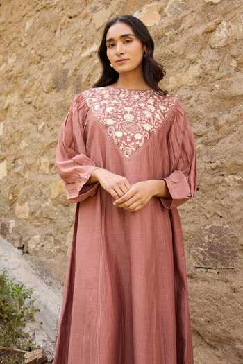 Ayaka_Brown Cotton, Chanderi Round Neck Hand Embroidered Panel Dress _at_Aza_Fashions