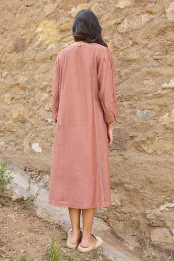 Shop_Ayaka_Brown Cotton, Chanderi Round Neck Hand Embroidered Panel Dress _at_Aza_Fashions