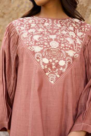 Buy_Ayaka_Brown Cotton, Chanderi Round Neck Hand Embroidered Panel Dress 