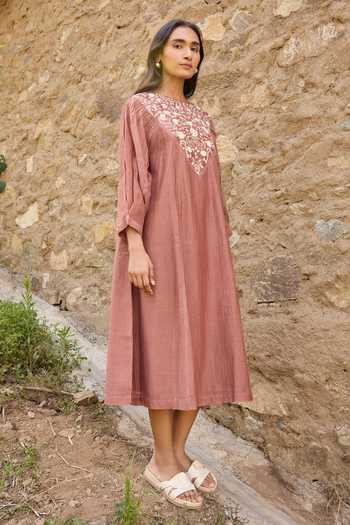 Shop_Ayaka_Brown Cotton, Chanderi Round Neck Hand Embroidered Panel Dress 