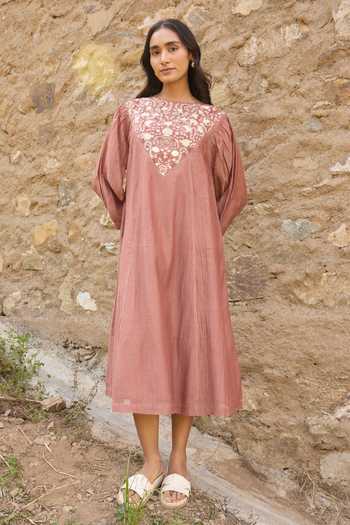Buy_Ayaka_Brown Cotton, Chanderi Round Neck Hand Embroidered Panel Dress _at_Aza_Fashions