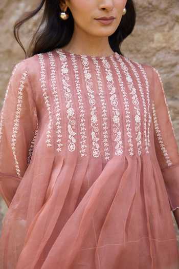 Ayaka_Brown Cotton Round Neck Hand Embroidered Straight Kurta Set _Online_at_Aza_Fashions