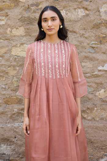 Buy_Ayaka_Brown Cotton Round Neck Hand Embroidered Straight Kurta Set _Online_at_Aza_Fashions