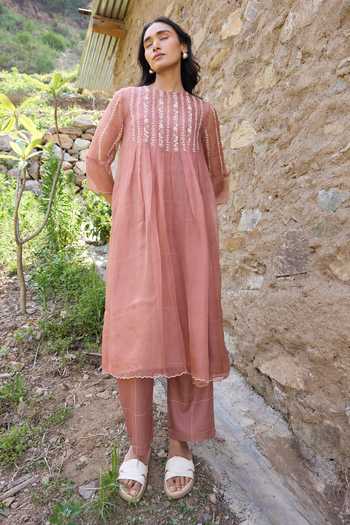 Buy_Ayaka_Brown Cotton Round Neck Hand Embroidered Straight Kurta Set _at_Aza_Fashions