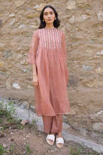 Buy_Ayaka_Brown Cotton Round Neck Hand Embroidered Straight Kurta Set 