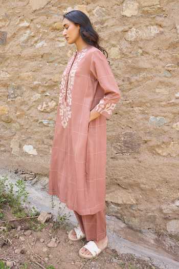Buy_Ayaka_Brown Cotton Mandarin Collar Hand Embroidered Straight Kurta Set _Online_at_Aza_Fashions