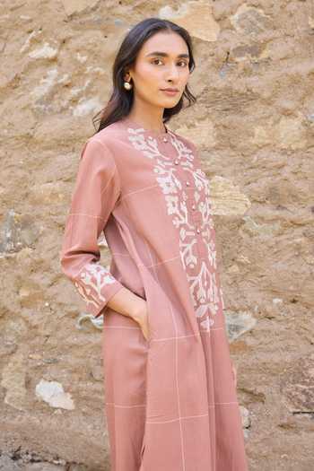 Ayaka_Brown Cotton Mandarin Collar Hand Embroidered Straight Kurta Set _at_Aza_Fashions