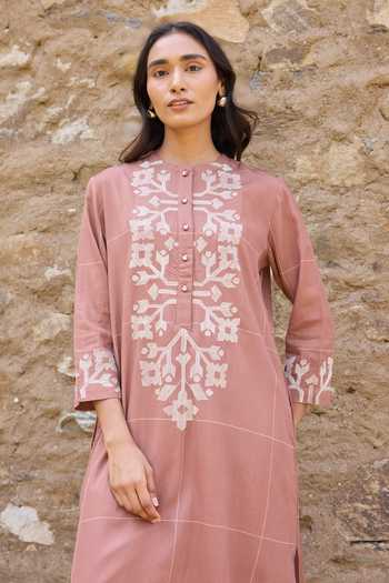 Buy_Ayaka_Brown Cotton Mandarin Collar Hand Embroidered Straight Kurta Set 