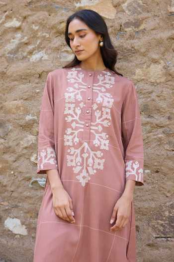 Shop_Ayaka_Brown Cotton Mandarin Collar Hand Embroidered Straight Kurta Set 