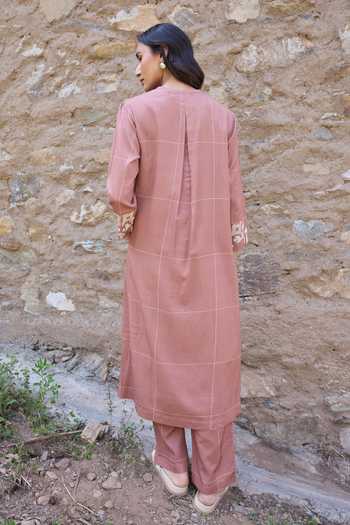 Shop_Ayaka_Brown Cotton Mandarin Collar Hand Embroidered Straight Kurta Set _at_Aza_Fashions