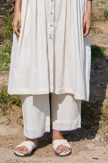 Ayaka_Off White Cotton V-neck Hand Embroidered Organic Kurta And Trouser Set _at_Aza_Fashions