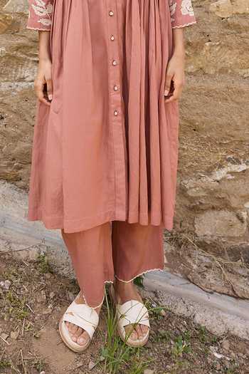 Ayaka_Brown Cotton V-neck, Yes Hand Embroidered Kurta Set _Online_at_Aza_Fashions