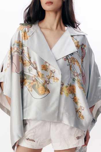 AK-OK_Blue Silk Shawl Neck Floral Print Cape Shirt _Online_at_Aza_Fashions