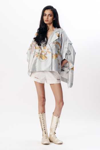 Buy_AK-OK_Blue Silk Shawl Neck Floral Print Cape Shirt _Online_at_Aza_Fashions