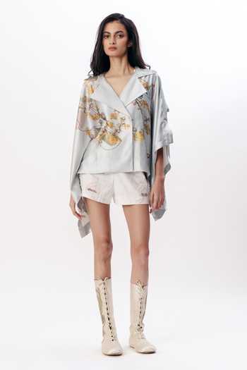 Shop_AK-OK_Blue Silk Shawl Neck Floral Print Cape Shirt _Online_at_Aza_Fashions