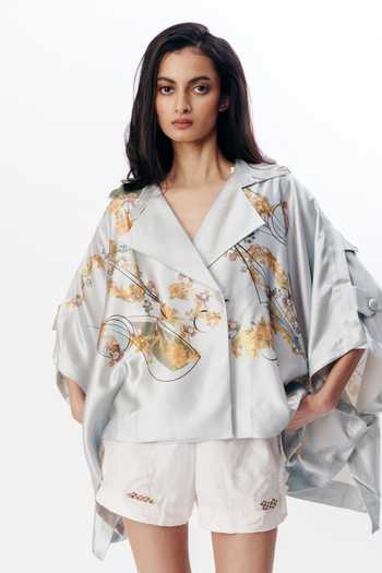 Buy_AK-OK_Blue Silk Shawl Neck Floral Print Cape Shirt _at_Aza_Fashions