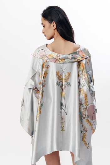 Shop_AK-OK_Blue Silk Shawl Neck Floral Print Cape Shirt _at_Aza_Fashions