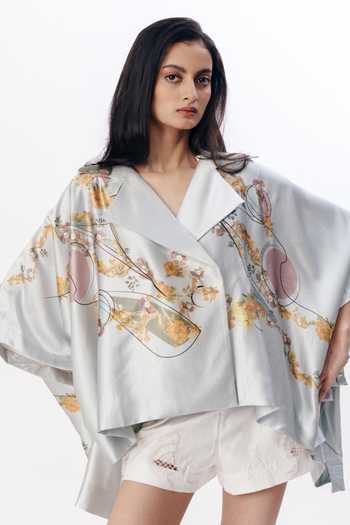 AK-OK_Blue Silk Shawl Neck Floral Print Cape Shirt _at_Aza_Fashions