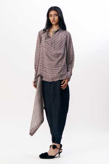 Buy_AK-OK_Multi Color Silk Collared Neck Draped Top And Dhoti Pant Set _Online_at_Aza_Fashions