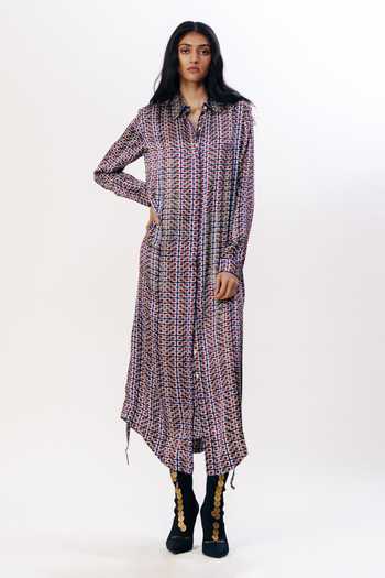 AK-OK_Multi Color Silk Collared Neck Printed Shirt Dress _Online_at_Aza_Fashions
