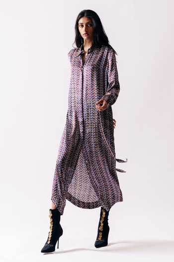 AK-OK_Multi Color Silk Collared Neck Printed Shirt Dress _at_Aza_Fashions
