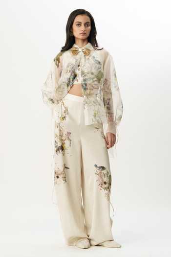 Buy_AK-OK_Multi Color Organza V-neck, Mandarin Collar Floral Print Shirt Trouser Set _at_Aza_Fashions