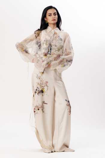 AK-OK_Multi Color Organza V-neck, Mandarin Collar Floral Print Shirt Trouser Set _Online_at_Aza_Fashions
