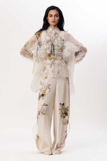 Shop_AK-OK_Multi Color Organza V-neck, Mandarin Collar Floral Print Shirt Trouser Set _at_Aza_Fashions