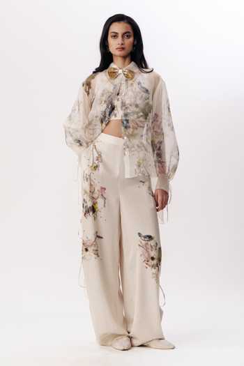 Buy_AK-OK_Multi Color Organza V-neck, Mandarin Collar Floral Print Shirt Trouser Set _Online_at_Aza_Fashions