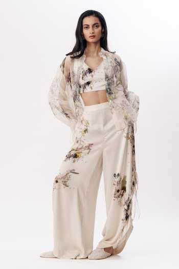 Shop_AK-OK_Multi Color Organza V-neck, Mandarin Collar Floral Print Shirt Trouser Set _Online_at_Aza_Fashions