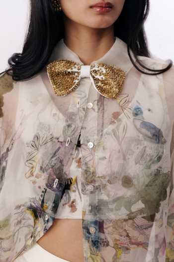 AK-OK_Multi Color Organza V-neck, Mandarin Collar Floral Print Shirt Trouser Set _at_Aza_Fashions