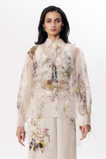 Buy_AK-OK_Multi Color Organza V-neck, Mandarin Collar Floral Print Shirt Trouser Set 
