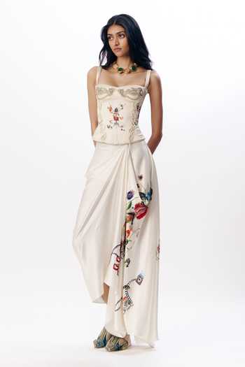 AK-OK_Multi Color Silk Embroidery Structured Corset And Printed Draped Skirt Set _Online_at_Aza_Fashions