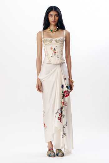 Shop_AK-OK_Multi Color Silk Embroidery Structured Corset And Printed Draped Skirt Set _at_Aza_Fashions
