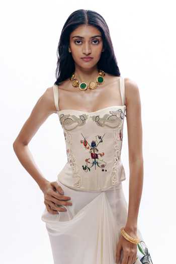 Buy_AK-OK_Multi Color Silk Embroidery Structured Corset And Printed Draped Skirt Set _Online_at_Aza_Fashions