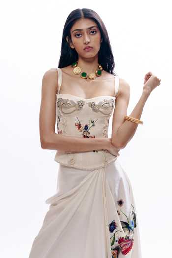 Shop_AK-OK_Multi Color Silk Embroidery Structured Corset And Printed Draped Skirt Set _Online_at_Aza_Fashions