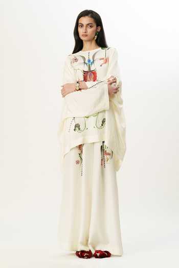 Buy_AK-OK_Multi Color Silk Round Neck, Yes Motif Print Boxy Kurta And Pleated Trouser Set _Online_at_Aza_Fashions