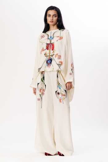 Shop_AK-OK_Multi Color Silk Round Neck, Yes Motif Print Boxy Kurta And Pleated Trouser Set _Online_at_Aza_Fashions